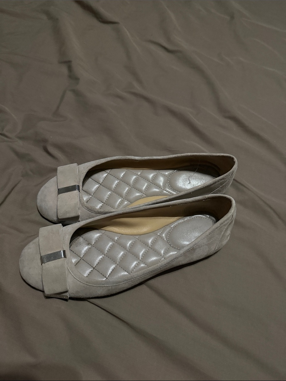 Michael Kors Women’s Suede Bow Peep-Toe Flats in Light Gray